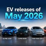 Latest electric vehicles released in May 2026 featuring XPENG X9, Alpine A390, Cupra Born, Ford Puma Gen-E, and Genesis GV60 Magma in a futuristic EV showcase