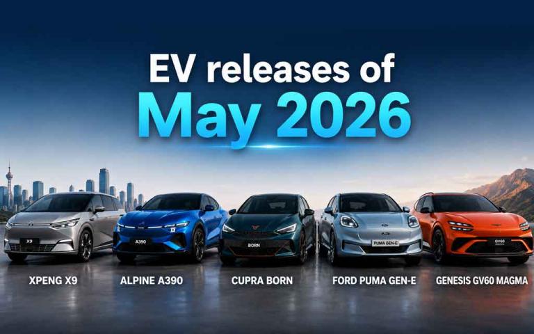 Latest electric vehicles released in May 2026 featuring XPENG X9, Alpine A390, Cupra Born, Ford Puma Gen-E, and Genesis GV60 Magma in a futuristic EV showcase
