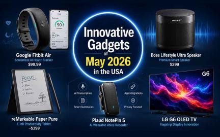 Top innovative gadgets released in the USA during May 2026 including AI wearables smart speakers and productivity devices