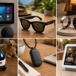 Modern AI-powered smart home gadgets for 2026 featuring smart glasses, AI rings, smart displays, companion robots, and futuristic home technology setup