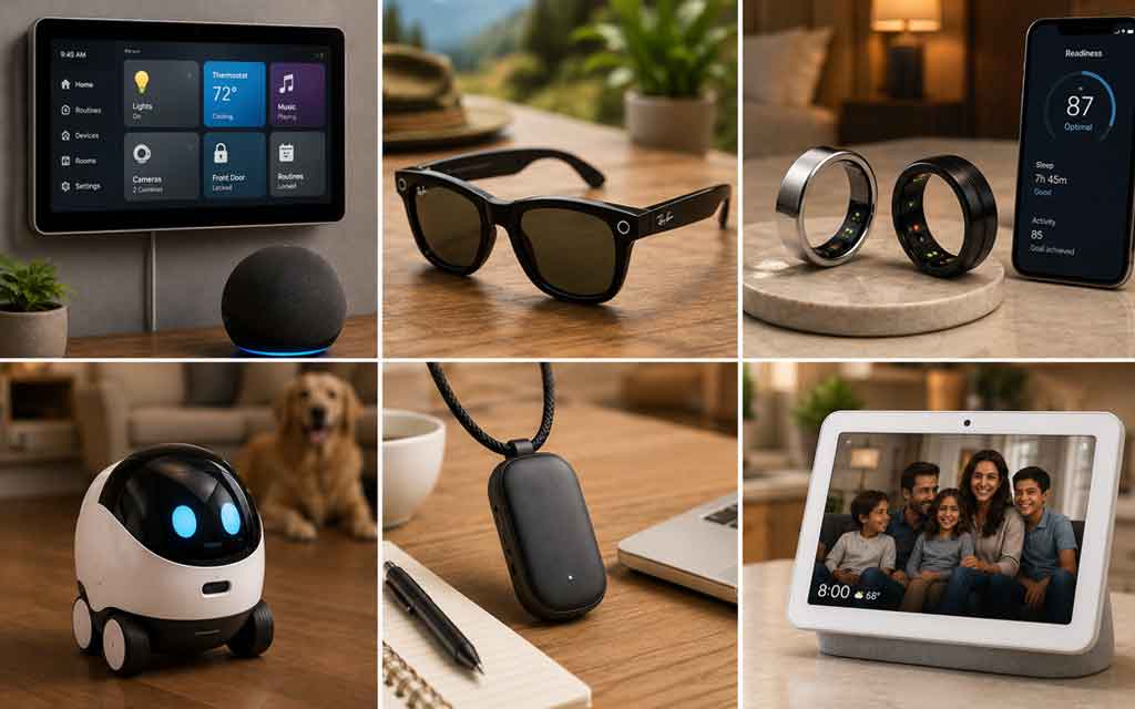 Modern AI-powered smart home gadgets for 2026 featuring smart glasses, AI rings, smart displays, companion robots, and futuristic home technology setup