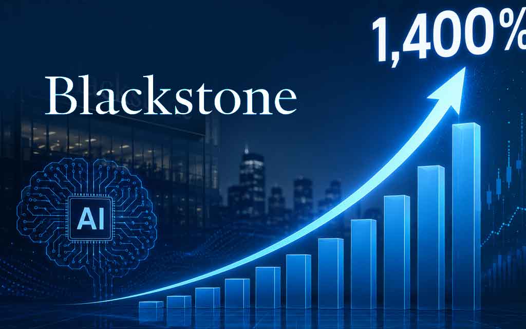 Blackstone headquarters with AI data center and enterprise technology graphics representing rapid growth in large language model spending