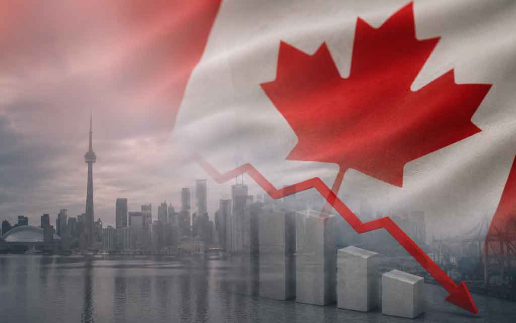 Canadian economic downturn illustrated with GDP charts, financial district skyline, and recession indicators in 2026