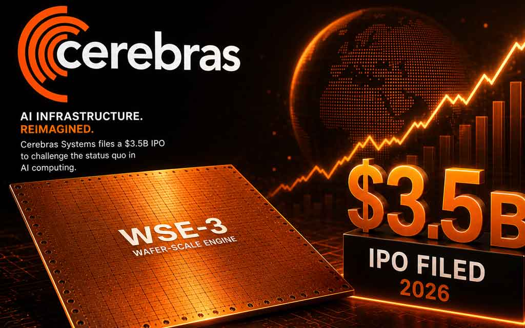 Cerebras wafer-scale AI chip WSE-3 showing massive semiconductor design used for AI training and inference.