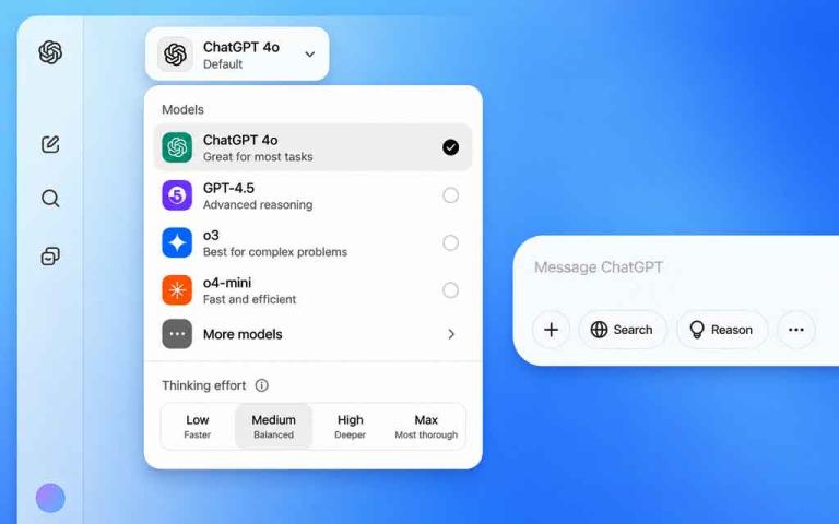 ChatGPT interface showing model picker and thinking effort slider for AI task customization.