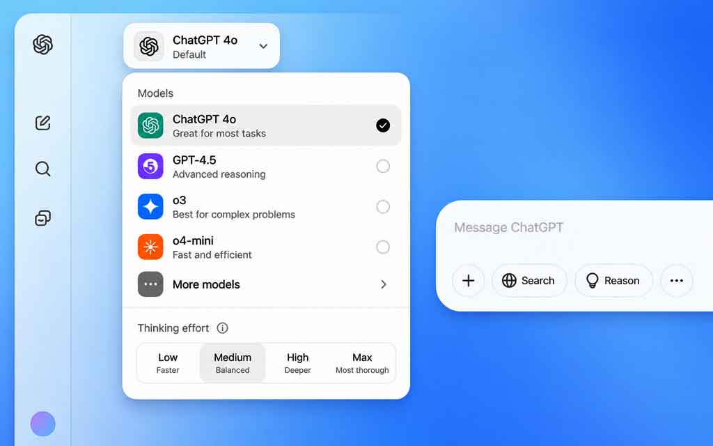 ChatGPT interface showing model picker and thinking effort slider for AI task customization.