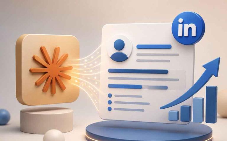Modern professional working on LinkedIn profile with futuristic AI assistant hologram, clean laptop workspace, career growth visuals, digital networking theme, realistic cinematic style, no text