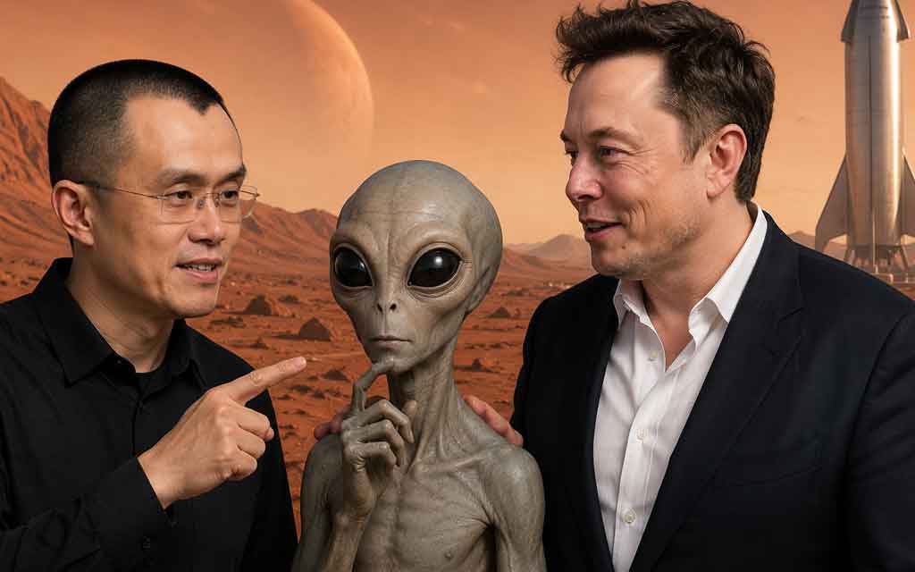 Changpeng Zhao discussing Elon Musk alien Mars theory during viral 2026 Crypto Banter interview