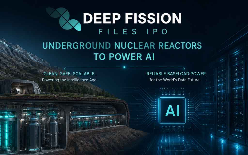 Futuristic underground nuclear reactor powering AI data centers with advanced clean energy systems, deep borehole reactors, and next-generation sustainable infrastructure