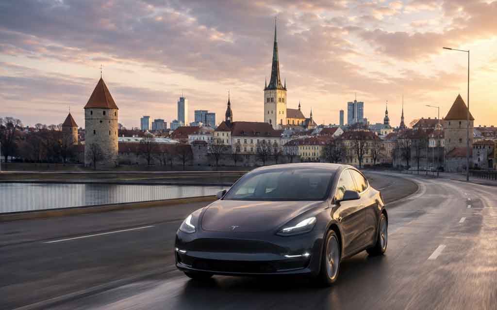 Tesla vehicle using Full Self-Driving technology on public roads in Estonia following official regulatory approval