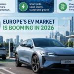 European electric vehicle market growth with affordable EV batteries, charging infrastructure, renewable energy, and futuristic green mobility