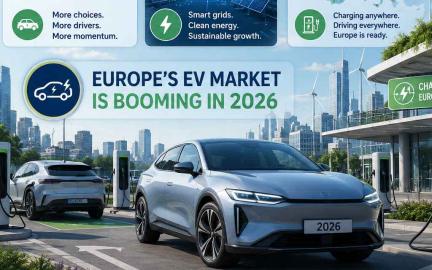 European electric vehicle market growth with affordable EV batteries, charging infrastructure, renewable energy, and futuristic green mobility