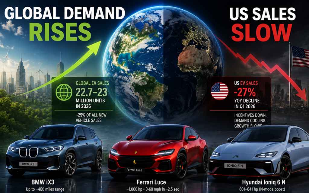 Futuristic electric vehicle market in 2026 featuring BMW iX3, Ferrari Luce, Hyundai Ioniq 6 N, global EV growth charts, and modern EV charging infrastructure