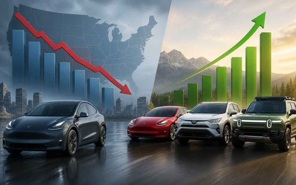 Electric vehicles lineup showing Tesla, Toyota, and Rivian models leading the 2026 EV market trends.