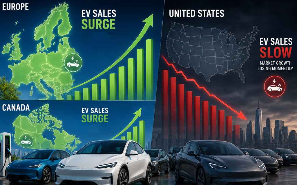 Electric vehicles charging in Europe, Canada, and the USA with EV sales growth charts, charging stations, and modern sustainable transport