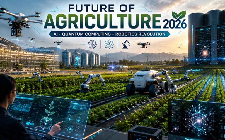 Futuristic smart agriculture ecosystem featuring AI-powered farming, autonomous tractors, agricultural robots, quantum computing analytics, drones, and sustainable precision farming technology