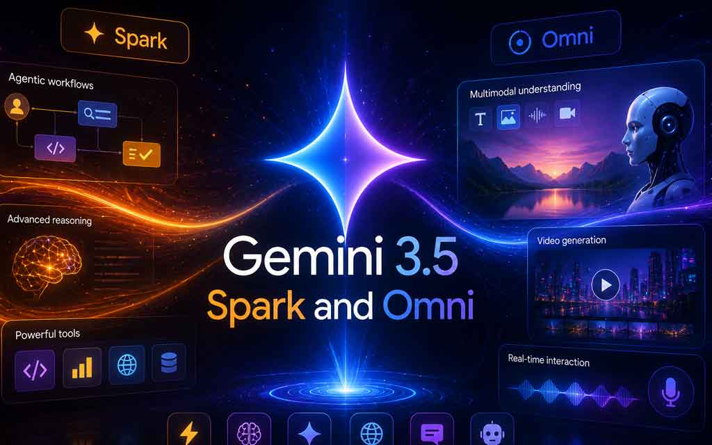 Google Gemini 3.5 Spark and Omni AI models with multimodal interfaces, video generation, intelligent agents, and futuristic AI workflows