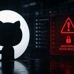 Cybersecurity incident involving GitHub internal repositories with developers, code infrastructure, security alerts, AI-powered threat detection, and cloud security systems