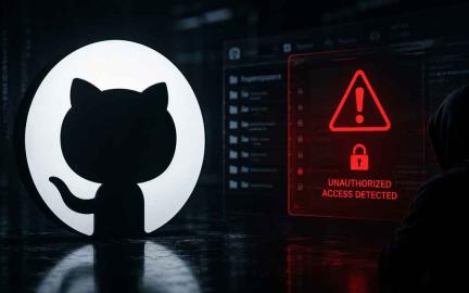 Cybersecurity incident involving GitHub internal repositories with developers, code infrastructure, security alerts, AI-powered threat detection, and cloud security systems