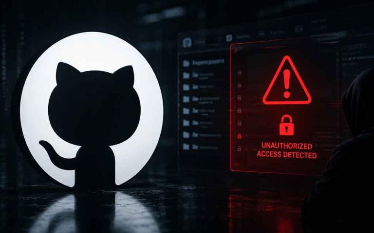Cybersecurity incident involving GitHub internal repositories with developers, code infrastructure, security alerts, AI-powered threat detection, and cloud security systems