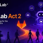 GitLab Act 2 announcement graphic showing workforce restructuring and transition to the Agentic AI era with futuristic AI robot, GitLab logo, and employees moving toward AI-driven growth.