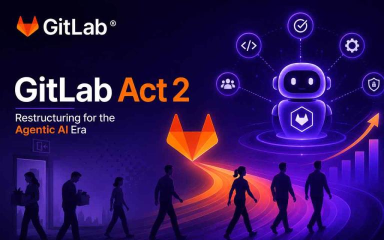 GitLab Act 2 announcement graphic showing workforce restructuring and transition to the Agentic AI era with futuristic AI robot, GitLab logo, and employees moving toward AI-driven growth.