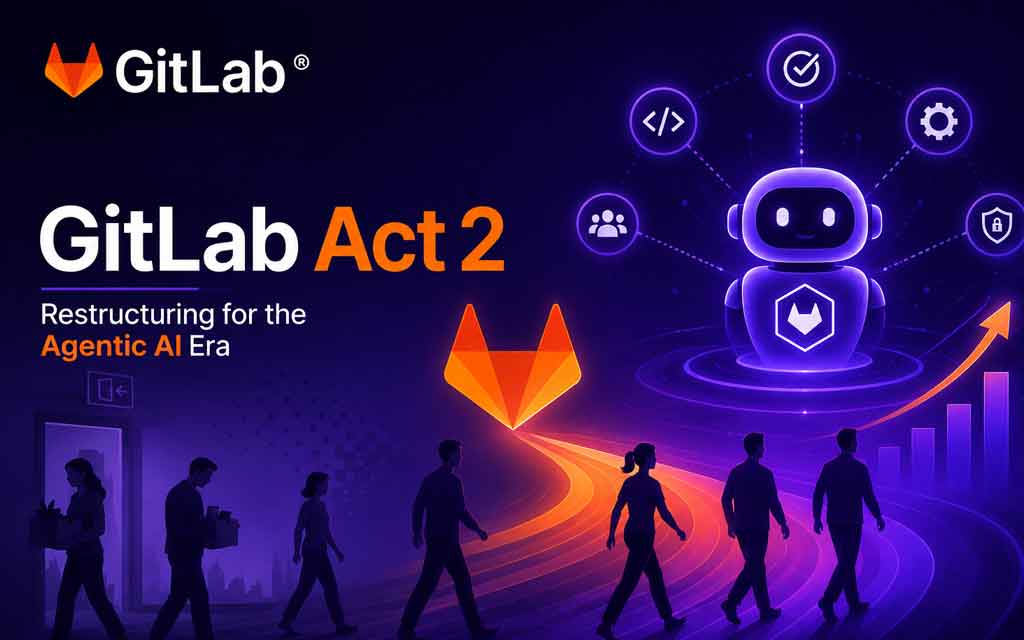 GitLab Act 2 announcement graphic showing workforce restructuring and transition to the Agentic AI era with futuristic AI robot, GitLab logo, and employees moving toward AI-driven growth.