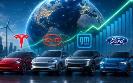 Global electric vehicle market growth in April 2026 featuring Tesla, BYD, GM, and Ford EV trends with charging infrastructure and modern electric cars