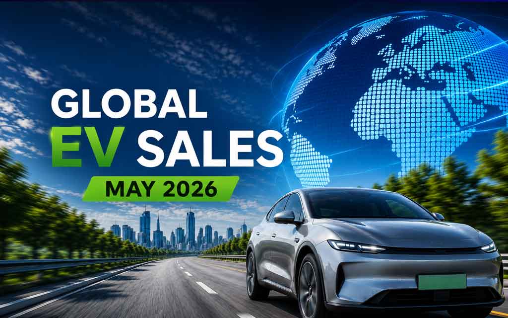 Global electric vehicle market overview in 2026 featuring Tesla, BYD, EV charging infrastructure, international sales growth charts, and futuristic electric cars