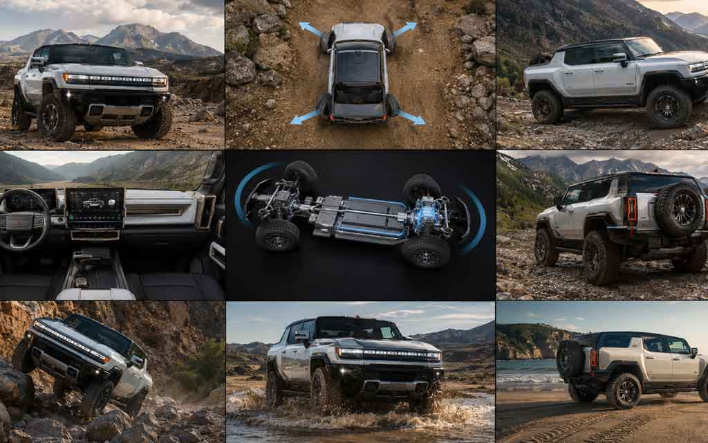 The GMC Hummer EV and other GM EV trucks can literally move diagonally using advanced 4-wheel steering technology — helping drivers navigate tight trails, tricky parking situations, and rough terrain.