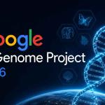 Futuristic AI-powered genome sequencing concept featuring wildlife species, DNA strands, biodiversity conservation, advanced bioinformatics, and Google AI technology