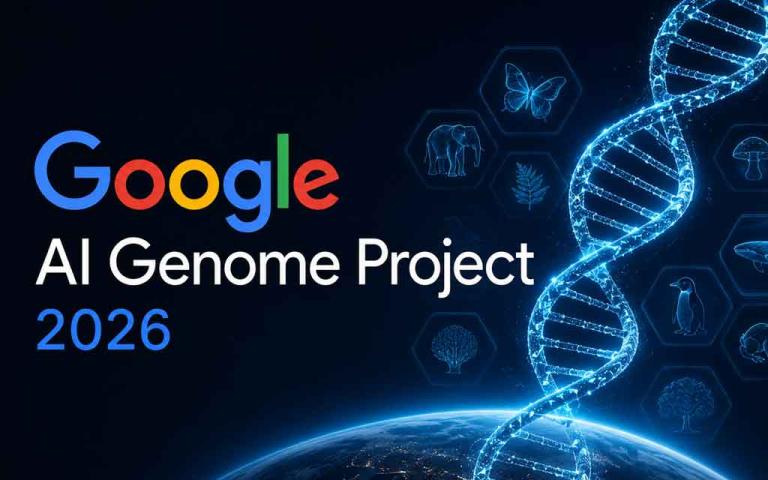 Futuristic AI-powered genome sequencing concept featuring wildlife species, DNA strands, biodiversity conservation, advanced bioinformatics, and Google AI technology