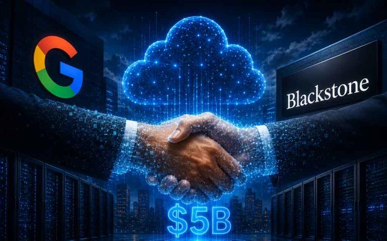 Futuristic AI cloud infrastructure featuring Google TPUs, massive data centers, advanced AI servers, cloud computing technology, and Blackstone-backed AI infrastructure expansion