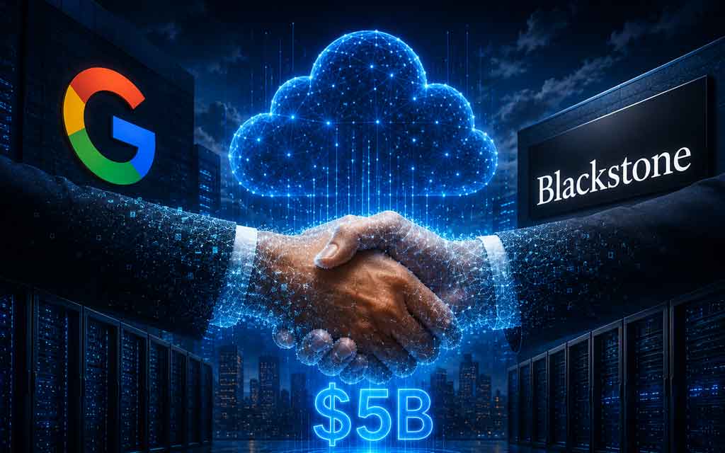 Futuristic AI cloud infrastructure featuring Google TPUs, massive data centers, advanced AI servers, cloud computing technology, and Blackstone-backed AI infrastructure expansion