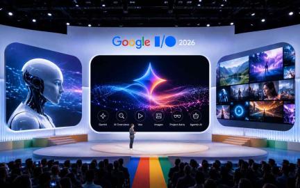 Google I/O 2026 AI showcase featuring Gemini Omni video generation, futuristic AI agents, Workspace integration, and advanced multimodal technology visuals