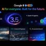 Futuristic Google AI ecosystem featuring Gemini 3.5, Spark AI agents, Android XR smart glasses, Omni video generation, and advanced AI productivity tools