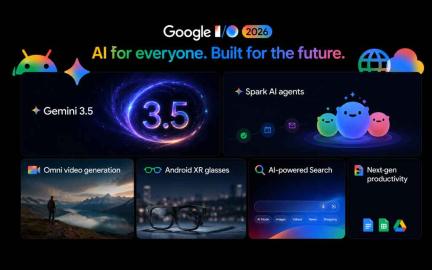 Futuristic Google AI ecosystem featuring Gemini 3.5, Spark AI agents, Android XR smart glasses, Omni video generation, and advanced AI productivity tools