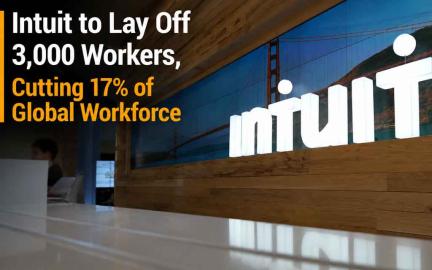 Modern fintech workplace showing Intuit layoffs, AI-driven restructuring, TurboTax and QuickBooks branding, financial software technology, and future workforce transformation