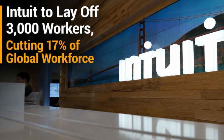 Modern fintech workplace showing Intuit layoffs, AI-driven restructuring, TurboTax and QuickBooks branding, financial software technology, and future workforce transformation
