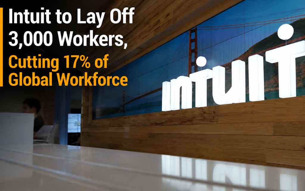 Modern fintech workplace showing Intuit layoffs, AI-driven restructuring, TurboTax and QuickBooks branding, financial software technology, and future workforce transformation