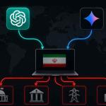 Cybersecurity threat visualization showing AI-powered hacking tools, malware code, and cyber warfare activity linked to Iranian threat actors
