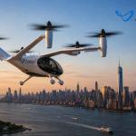 Joby eVTOL air taxi flying over New York City skyline demonstrating urban air mobility.