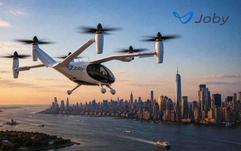 Joby eVTOL air taxi flying over New York City skyline demonstrating urban air mobility.