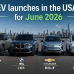 New electric vehicles including the Rivian R2, BMW iX3, Chevrolet Bolt, and Tesla Model Y launching in the United States during June 2026