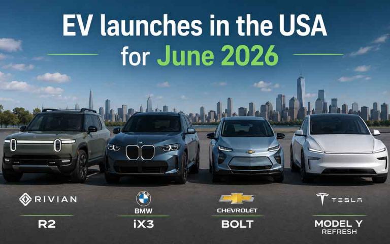 New electric vehicles including the Rivian R2, BMW iX3, Chevrolet Bolt, and Tesla Model Y launching in the United States during June 2026