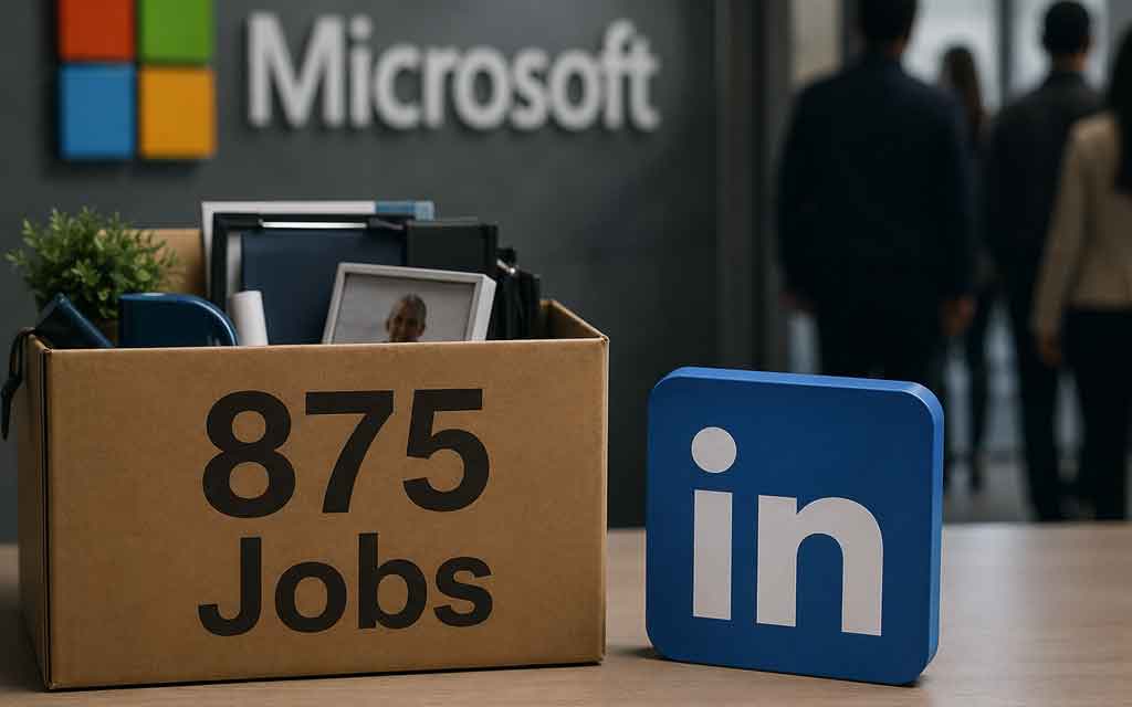 Professional tech workplace showing LinkedIn layoffs, corporate restructuring, job market changes, AI-driven tech industry shifts, and modern office environments