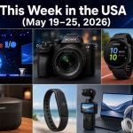 Futuristic consumer tech showcase featuring Google AI gadgets, Sony mirrorless camera, Garmin smartwatches, Bose smart speaker, Fitbit fitness tracker, and modern smart devices