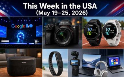Futuristic consumer tech showcase featuring Google AI gadgets, Sony mirrorless camera, Garmin smartwatches, Bose smart speaker, Fitbit fitness tracker, and modern smart devices