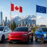 Electric vehicles charging in the USA, Canada, and Europe with charts showing regional EV sales trends and market growth in May 2026