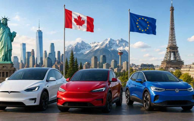 Electric vehicles charging in the USA, Canada, and Europe with charts showing regional EV sales trends and market growth in May 2026
